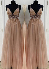 Elegant A-Line/Princess V-Neck Long/Floor-Length Tulle Prom Dress/Evening Dress With Beading Sequins