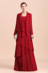 Elegant Burgundy Chiffon Mother of the Bride Dress Ruffles With Jacket