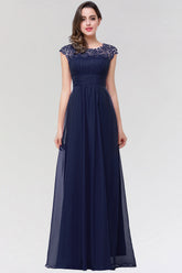 Elegant Chiffon Pleated Navy Lace Bridesmaid Dress with Keyhole Back