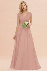 Elegant Chiffon V-Neck Ruffle Long Bridesmaid Dresses Affordable