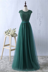 Elegant Dark Green Tulle Jewel Prom Dresses Sleeveless with Appliques Online