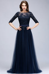 Elegant Half-Sleeves Lace Navy Bridesmaid Dresses with Appliques