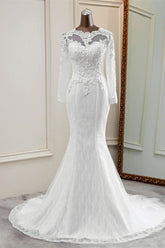 Elegant Jewel Long Sleeves White Mermaid Wedding Dresses with Rhinestone Online