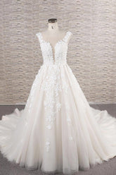 Elegant Jewel Straps A-line Wedding Dresses Champgne Tulle Bridal Gowns With Appliques On Sale