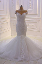 Elegant Jewel Tulle Lace Sequined Wedding Dress Mermaid Appliques Sleeveless Bridal Gowns On Sale