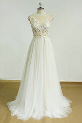 Elegant Jewel Tulle Lace Wedding Dress Sleeveless Appliques Bridal Gowns On Sale