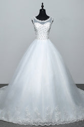 Elegant Jewel White Tulle Ball Gown Wedding Dresses Sleeveless Appliques Bridal Gowns with Rhinestones