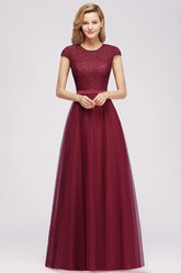 Elegant Lace Cap-Sleeves Long Burgundy Birdesmaid Dresses Online