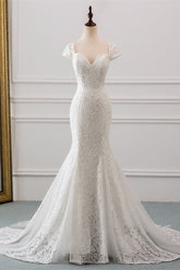 Elegant Lace Cap-Sleeves Sweetheart Mermaid Wedding Dresses Online