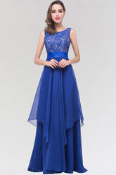 Elegant Lace Jewel Long Chiffon Bridesmaid Dress with Asymmetric Hemline