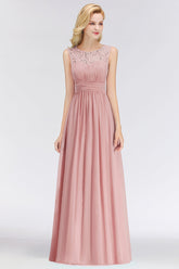 Elegant Lace Scoop Bridesmaid Dress Dusty Rose Chiffon Sleeveless Wedding party Dress