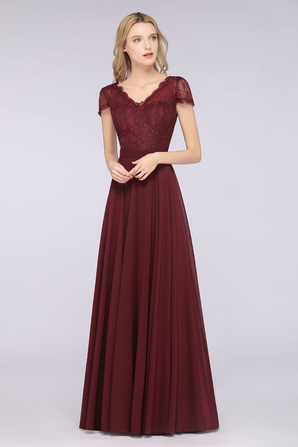 Elegant Lace V-Neck Burgundy Bridesmaid Dresses with Cap Sleeves Newinlook Elegant Lace V-Neck Burgundy Bridesmaid Dresses with Cap Sleeves Newinlook