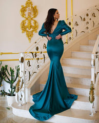 Elegant Floor-Length Mermaid Prom Dress with V-neck and Beading, Complete with Long Sleeves