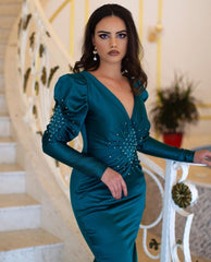 Elegant Floor-Length Mermaid Prom Dress with V-neck and Beading, Complete with Long Sleeves