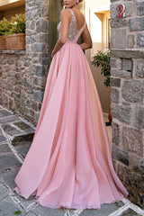 Elegant Long Pink V-Neck A-Line Glitter Sleeveless Evening Dress with Slit