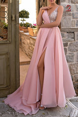 Elegant Long Pink V-Neck A-Line Glitter Sleeveless Evening Dress with Slit