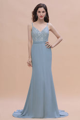 Elegant Mermaid Chiffon Lace Dusty Blue Bridesmaid Dress with Spaghetti Straps On Sale