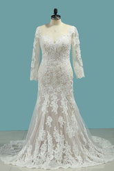 Elegant Mermaid Jewel Tulle Lace Wedding Dress Long Sleeves Appliques Sequined Bridal Gowns Online