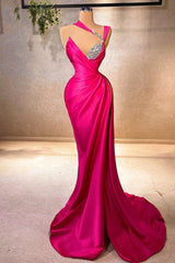 Refined Mermaid V-neck Sleeveless Ruffled Satin Split Front Fuchsia Prom Dress