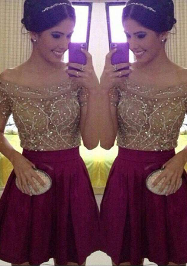 Elegant Off-The-Shoulder A-Line Satin Cocktail Dress with Beaded Detail