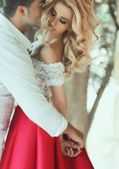 Elegant Off-The-Shoulder Satin Homecoming Dress With Appliqued Lace