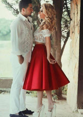 Elegant Off-The-Shoulder Satin Homecoming Dress With Appliqued Lace