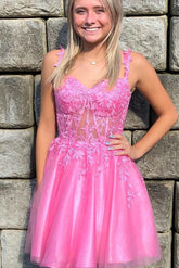 Elegant Short Pink Strap Lace Sleeveless Glitter Dress for Homecoming