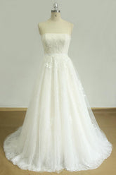 Elegant Strapless Lace Tulle Wedding Dress Appliques White A-line Bridal Gowns On Sale