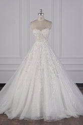 Elegant Strapless Tulle Lace Wedding Dress Sweetheart Appliques Sequined Bridal Gowns On Sale