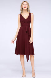 Elegant Straps V-Neck Ruffle Short Burgundy Bridesmaid Dress with Bow Sash