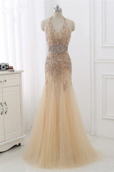 Elegant Tulle Halter Rhinestones Mermaid Prom Dresses Sleeveless Appliques Online