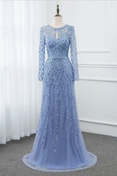 Elegant Tulle Jewel Rhinestones Prom Dresses with Long Sleeves