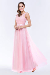 Elegant Tulle V-Neck Sleeveless Ruffle Long Bridesmaid Dress with Sash