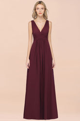 Elegant V-Neck Burgundy Chiffon Affordable Bridesmaid Dress with Ruffle