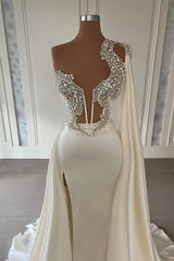 Elegant White A-line One Shoulder Evening Dresses Long Glitter Prom Gowns With Slit