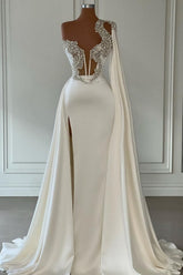 Elegant White A-line One Shoulder Evening Dresses Long Glitter Prom Gowns With Slit