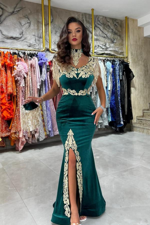 Emerald Green Mermaid Evening Dress Split With Gold Appliques Tassels Newinlook Emerald Green Mermaid Evening Dress Split With Gold Appliques Tassels Newinlook