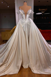 Exquisite Floor-Length V-Neck Off-The-Shoulder A-Line Satin Prom Dress with Beads