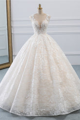 Exquisite Jewel Sleelveless Lace Wedding Dress Ball Gown appliques Bridal Gowns Online