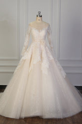 Exquisite Lace Appliques Wedding Dress Tulle Long Sleeves Sequined Bridal Gown On Sale