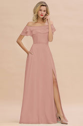 Exquisite Off-the-shoulder Slit Mint Green Bridesmaid Dress With Pockets