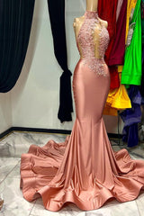 Newinlook Elegant High-Neck Sleeveless Appliques Mermaid Evening Dress