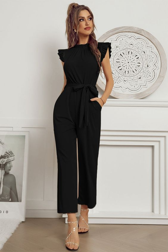 Newinlook Black Sleeveless Crew-Neck Daily Women's Jump Suit With Belt