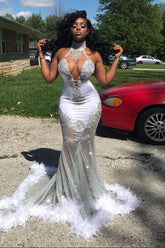 Halter Neck Mermaid Long Formal Dress Waist Skimming With Appliques Feathers