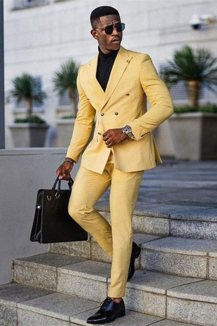 Newinlook Glamorous Yellow Double-Breasted Business Suit with Peaked Lapel for Men