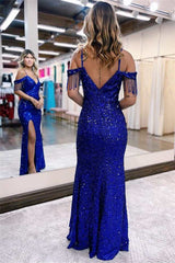 Newinlook Luxury Spaghetti Straps Off-The-Shoulder V-Neck Blue Sequins Slit Evening Dress With Tassels