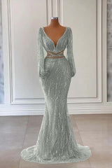 Newinlook Light Green Long Sleeves V-Neck Evening Dress Mermaid With Sequins Beads