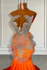 Beautiful Orange Sleeveless Illusion Mermaid Prom Party Dresses With Beads and Feathers