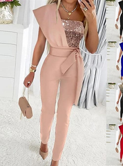 Newinlook Graceful One-Shoulder Dusty Rose Sequins Jump Suit