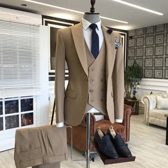 Newinlook Simple Brown Three-Piece Wedding Suit with Peaked Lapel